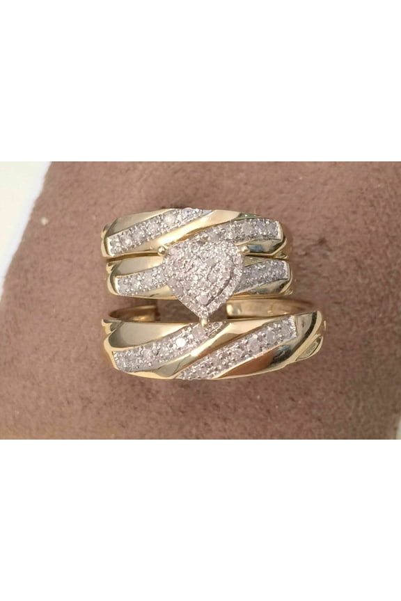 His Her Heart Round Cut Diamond 14K Yellow Gold Plated Wedding Bridal Trio Ring Set -14