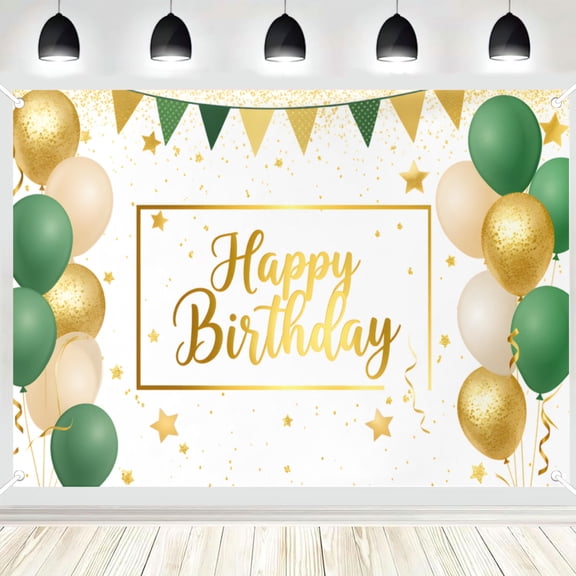 Happy Birthday Backdrop, Green Gold Balloon with Bunting Photo Background Banner for Birthday Party, Photography Booth Decorations 16x24in