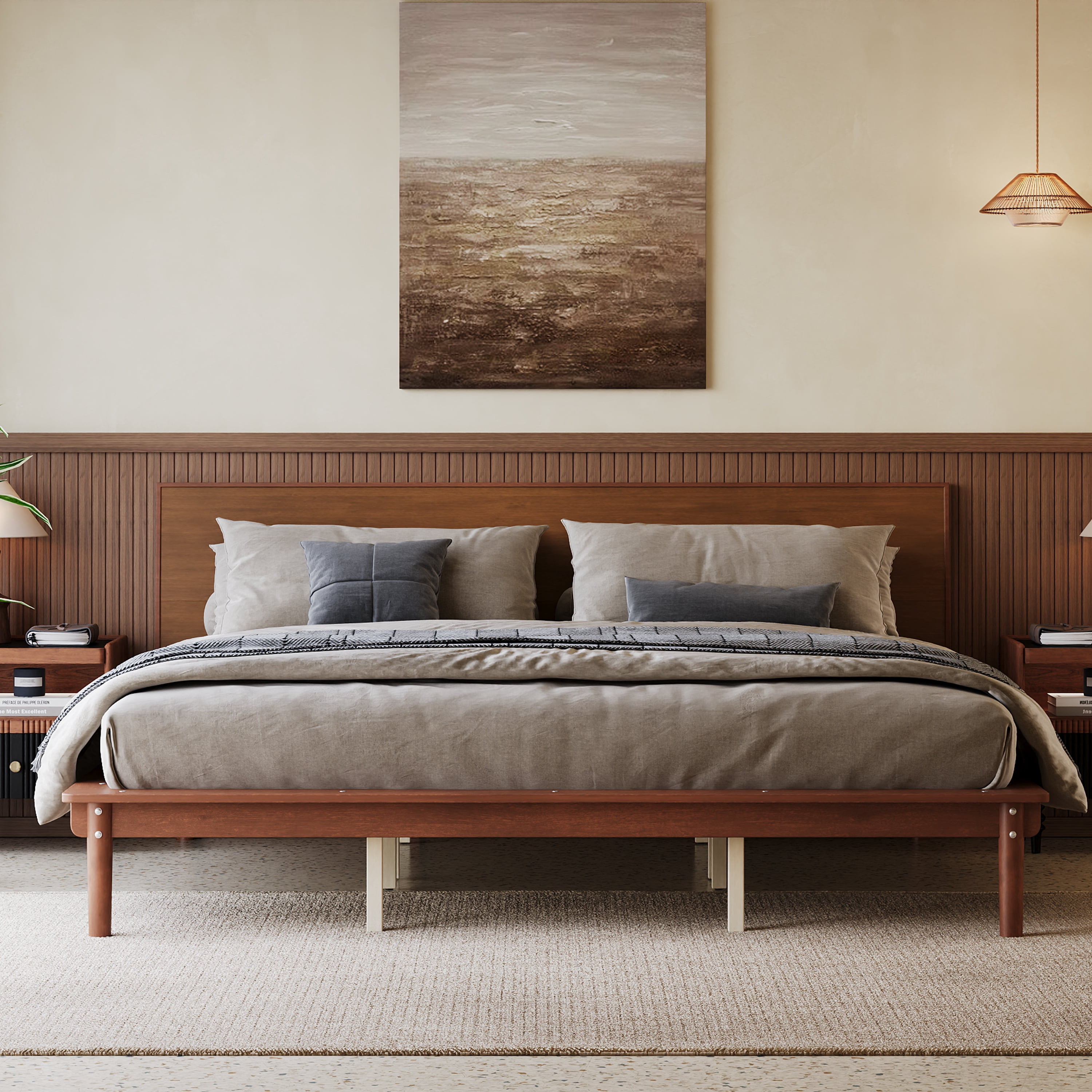 Euroco Wood Mid-Century King Bed, Low Profile Platform Bed Frame with Subtly Angled Headboard, Widened Side Rails, No Box Spring Needed, Natural