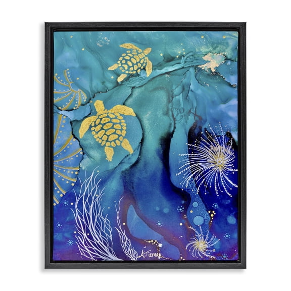 Stupell Industries Tropical Abstract Blue Sea Turtles Black Floating Frame Canvas Art, 17 x 21, by Amy Tieman