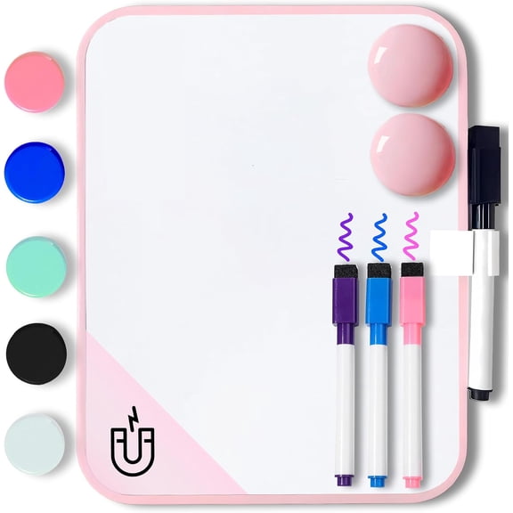 Magnetic Small Dry Erase Board for Locker, 6" x 8" Small Whiteboard with 4 Marker and 7 Magnets - Mini Drawing Teaching Whiteboard for Classroom, Home, Office, Travel(Pink)