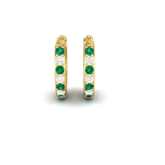Pure Elegance Round Cut Green Emerald & White Diamond Small Hoop Earring for Women 925 Silver With 14K Rose Gold Over