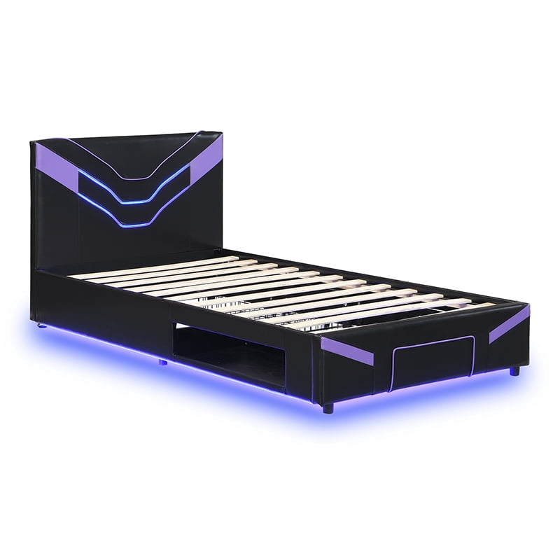Twin Size Upholstered Gaming Bed Frame with LED Lights, PU Leather Platform Bed with Storage Shelf, 2 Steel Drawers, Purple