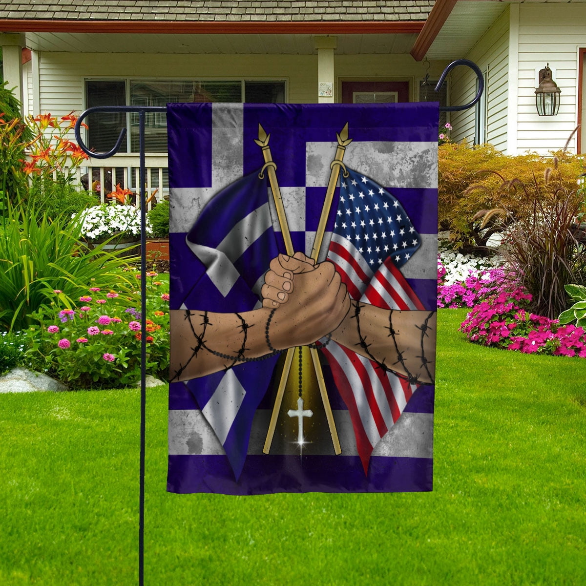 Flags Greek Handshake American Flag Friendship USA Greece Greek Part Garden Flag, Double-Sided Decorative Outdoor Flag, Patriotic Polyester Yard Flag 12 x 18 in