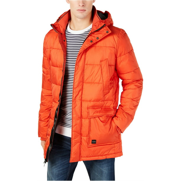 Calvin Klein Mens Winter Hooded Puffer Jacket, Orange, X-Small 