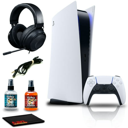 PlayStation 5 Console (Digital Edition) with Razer Kraken Multi Platform Wired Gaming Headset and 6Ave Cleaning Kit