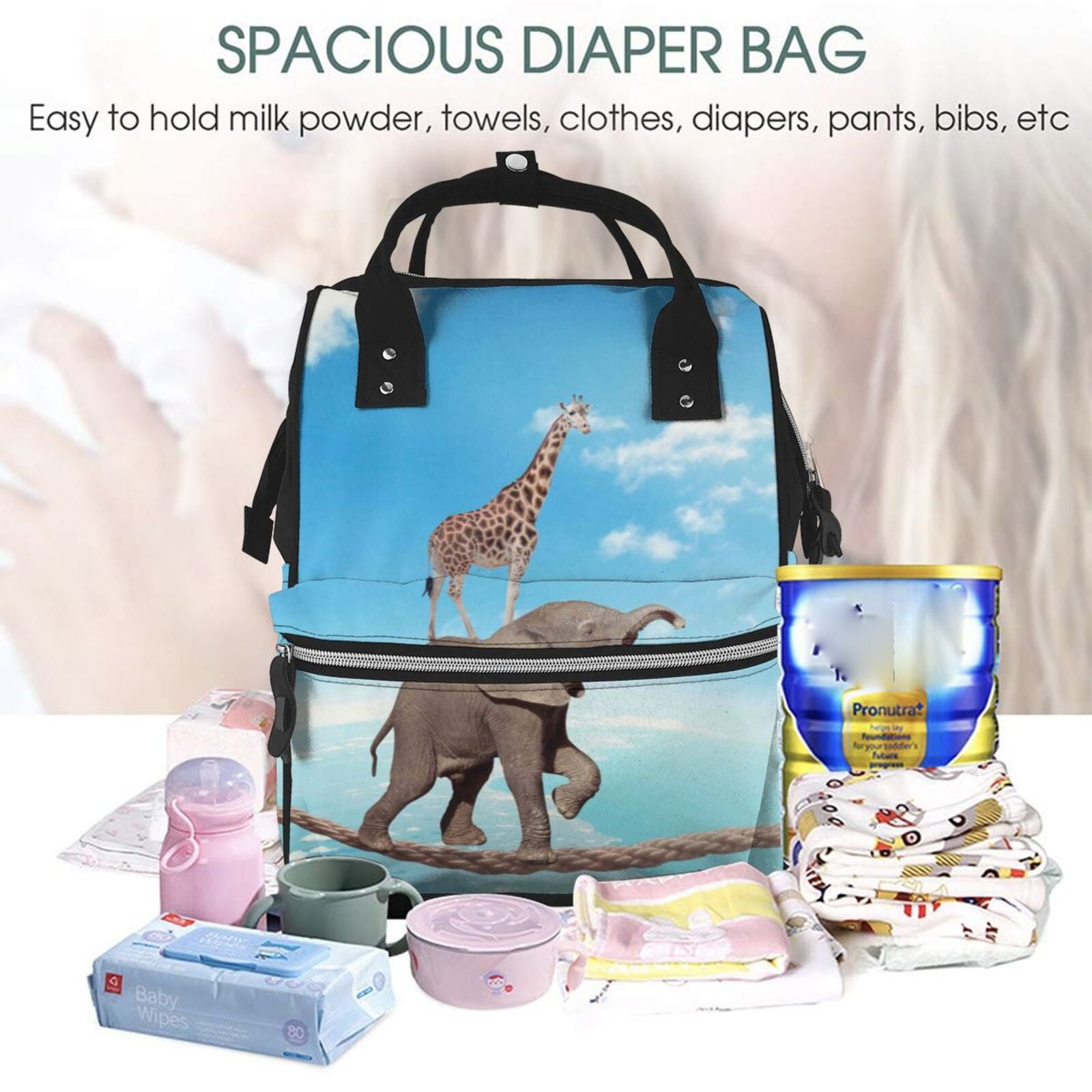Ratiio Elephant Giraffe Mummy Backpack - Waterproof Twill Canvas, Large Capacity Diaper Bag with Multiple Pockets and Adjustable Straps