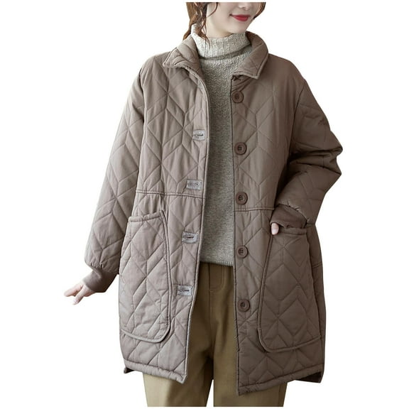 Hvyesh Women's Lightweight Quilted Jackets Loose Fit Button Up Mid Length Coat Lapel Winter Coats for Women Casual Puffer Jacket