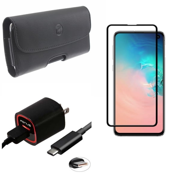 Galaxy S10e Case Belt Clip w Screen Protector w Home Charger - Leather Holster Cover, Tempered Glass 5D Curved Edge, 2.4A USB Cable TYPE-C for Samsung Galaxy S10e Phone