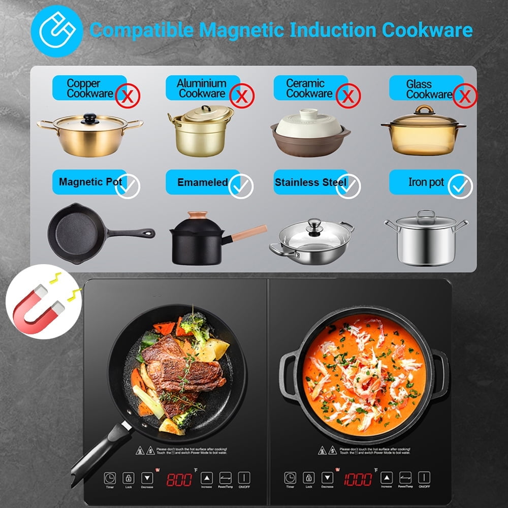 Aaobosi 1800W Double Induction Cooktop Low Noise with Independent Control 2 Burners, 10 Temperature, 9 Power Levels, 3-hour Timer & Child Safety Lock