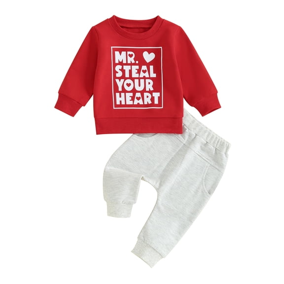 Toddler Baby Boy Valentines Day Outfit Mr Steal Your Heart Long Sleeve Sweatshirt and Long Pants Spring Fall Clothes Set