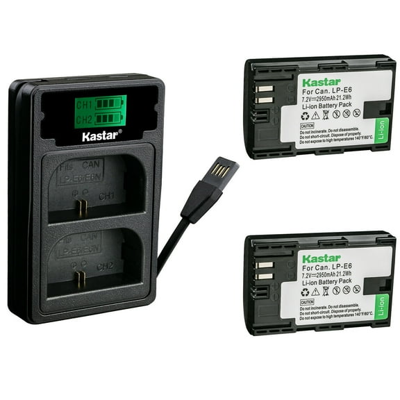 Kastar 2 Pack Battery and Charger with Miro USB / Type-C Input Compatible with Canon LP-E6 LP-E6N EOS 5D 6D 7D 8D 60D 70D 80D XC10 XC15, Blackmagic Pocket Cinema Marshall On-Camera HDMI Monitor