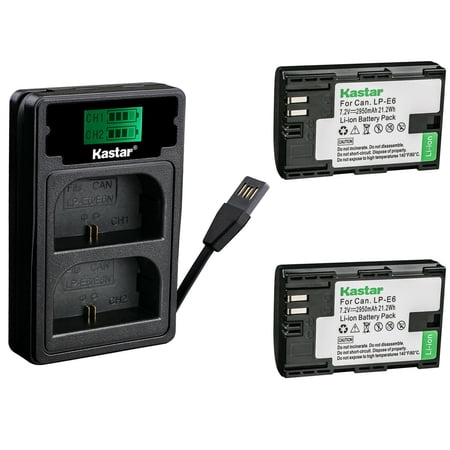 Kastar 2 Pack Battery and Charger with Miro USB / Type-C Input Compatible with Canon LP-E6 LP-E6N EOS 5D 6D 7D 8D 60D 70D 80D XC10 XC15 Blackmagic Pocket Cinema Marshall On-Camera HDMI Monitor