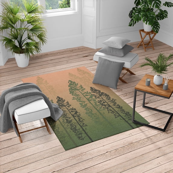 Country Turkish Area Rug, Pine Trees in the Forest on Foggy Seem Ombre Backdrop Wildlife Adventure Art, Soft Carpet for Living Room Decor, 5.2' X 7.6', Pale Rust, by Ambesonne