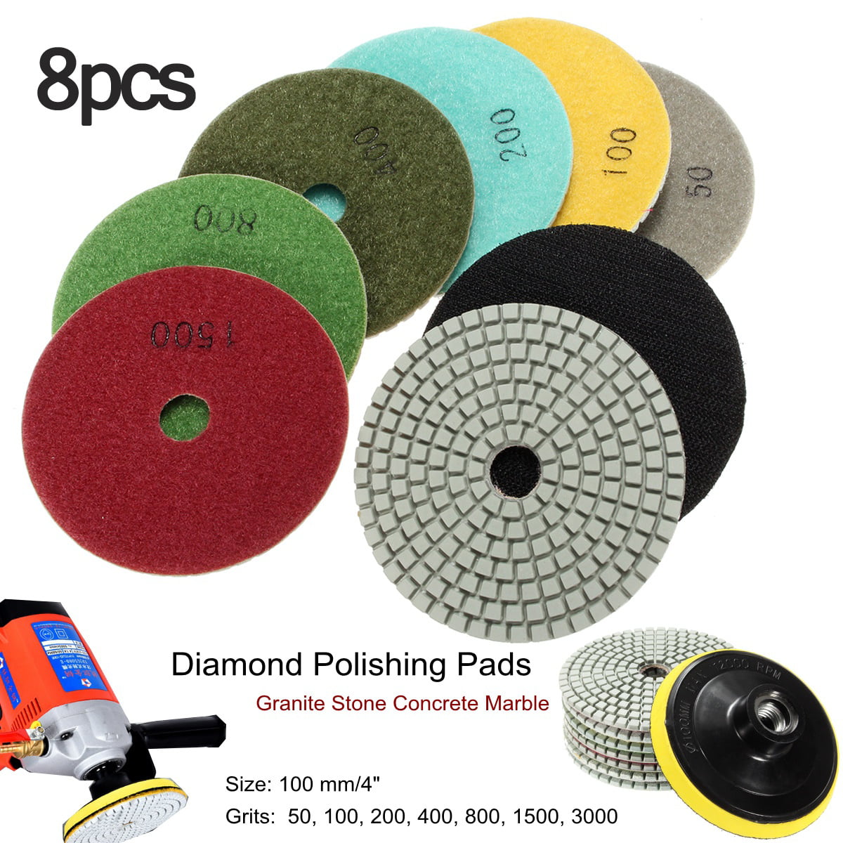 7Pcs Diamond Polishing Pads Flex 4 Inch for Granite Marble Stone Concrete Tiles 657390865032