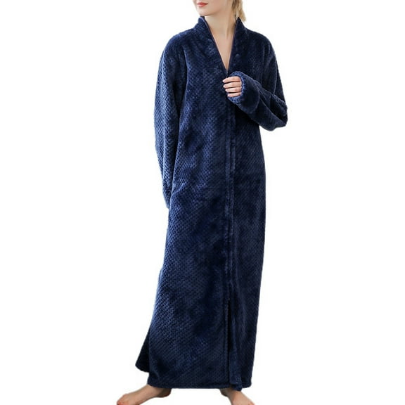 Previn Women's Winter Long Plush Robe Ladies Full Length Warm Thermal Long Sleeve V Neck Full Zip Up Zipper Comfy Bath Maternity Housecoat Soft Qulited Fuzzy Fleece Bathrobe Pocket Navy X-Small-Small