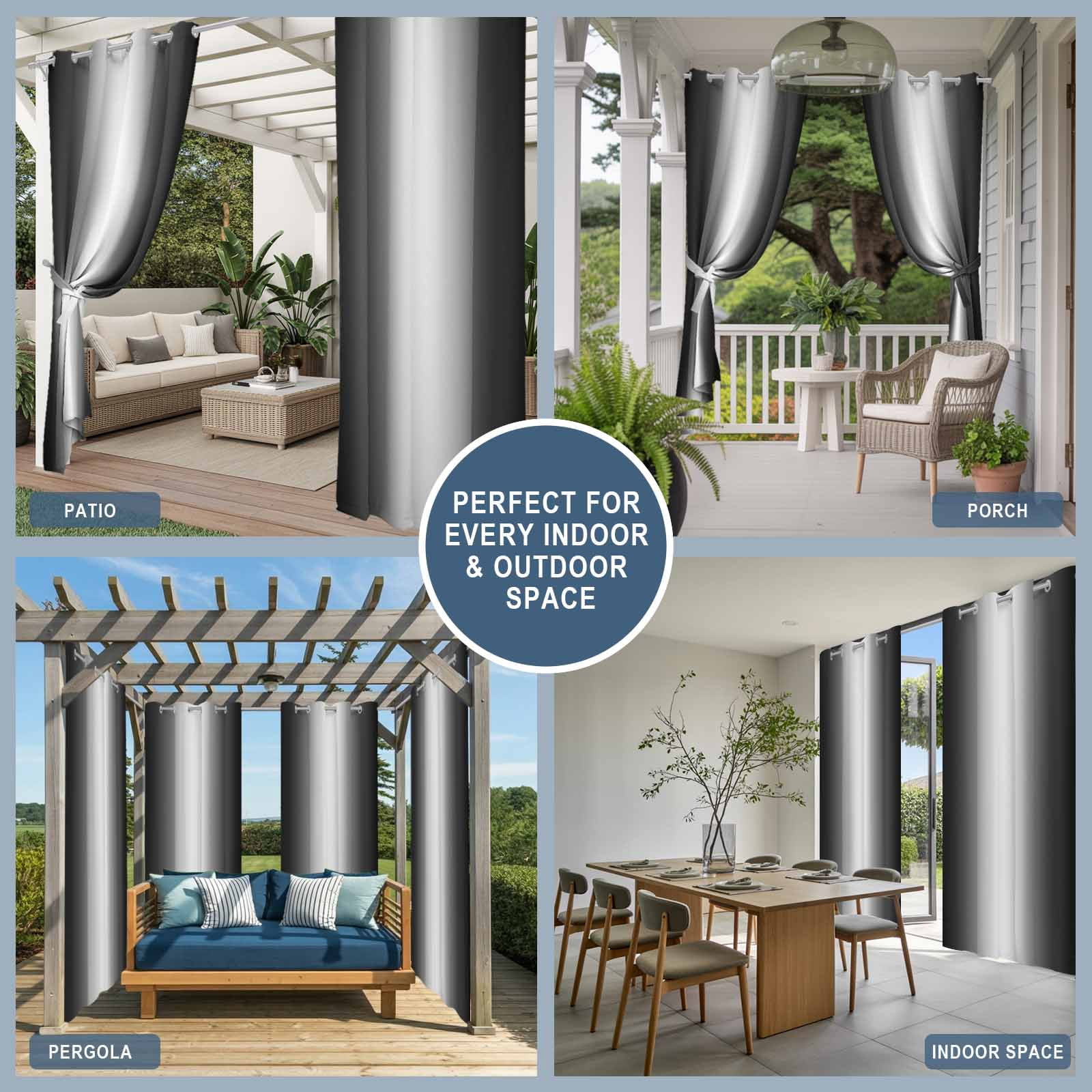 Black Grey Ombre Outdoor Curtains for Patio, Modern Abstract Gradient Minimalist Sunshade Privacy Drapes Grommet Waterproof Outside Curtains for Porch/Cabana/Balcony 54"x 108", 1 Panel