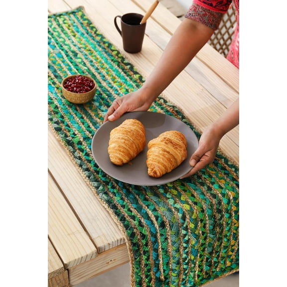 Indian Handmade Beige & Green Jute Table Runner Rug – 14 x 102 – Indian Handwoven Dining Table Décor, Kitchen, Coffee Table – Bohemian Farmhouse Decor