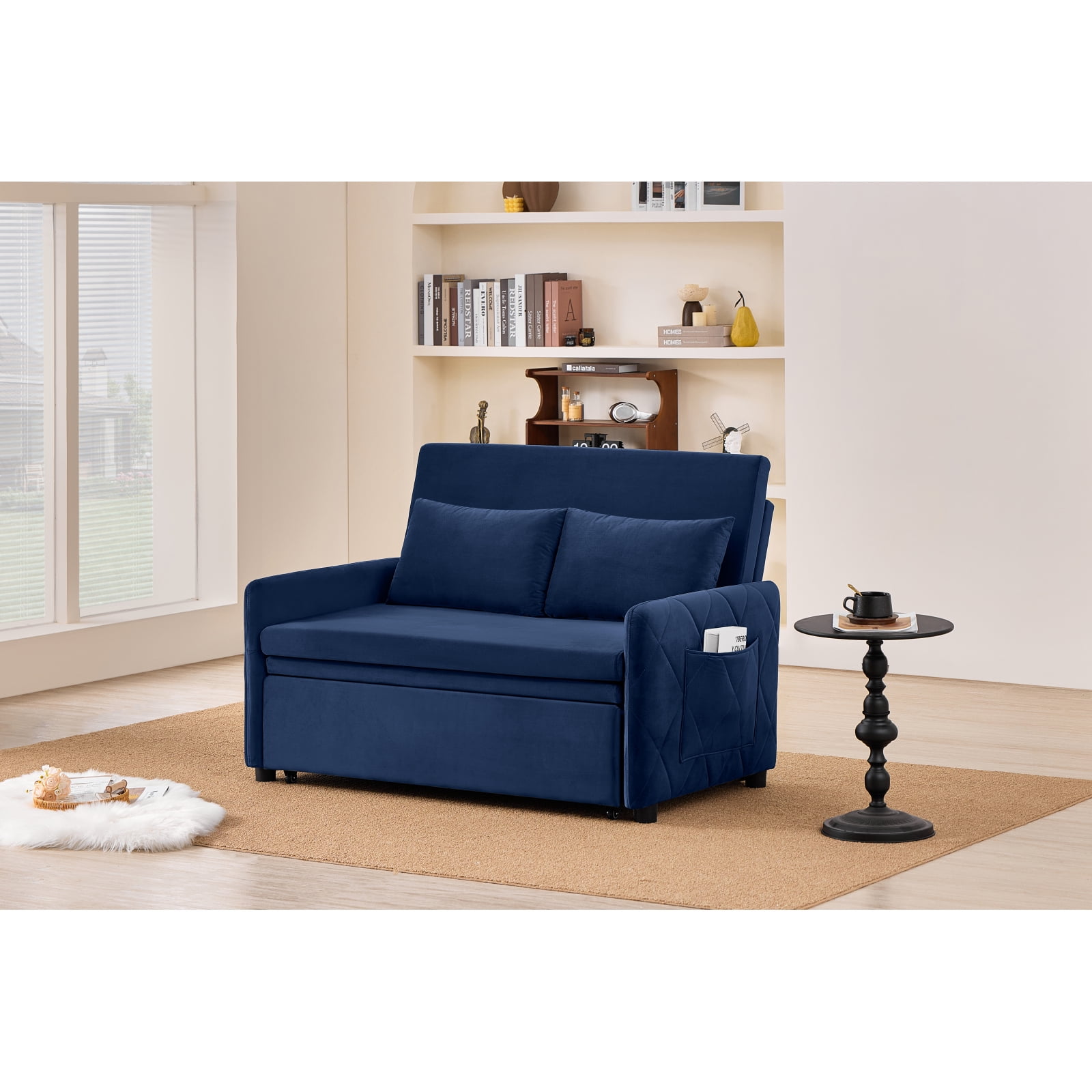 Leumius 3 in 1 Convertible Sleeper Sofa Bed, Modern Convertible Sofa Bed with 5-Position Adjustable Backrest,Velvet Pull Out Couch with Pull Out Bed for Living Room Furniture,Blue