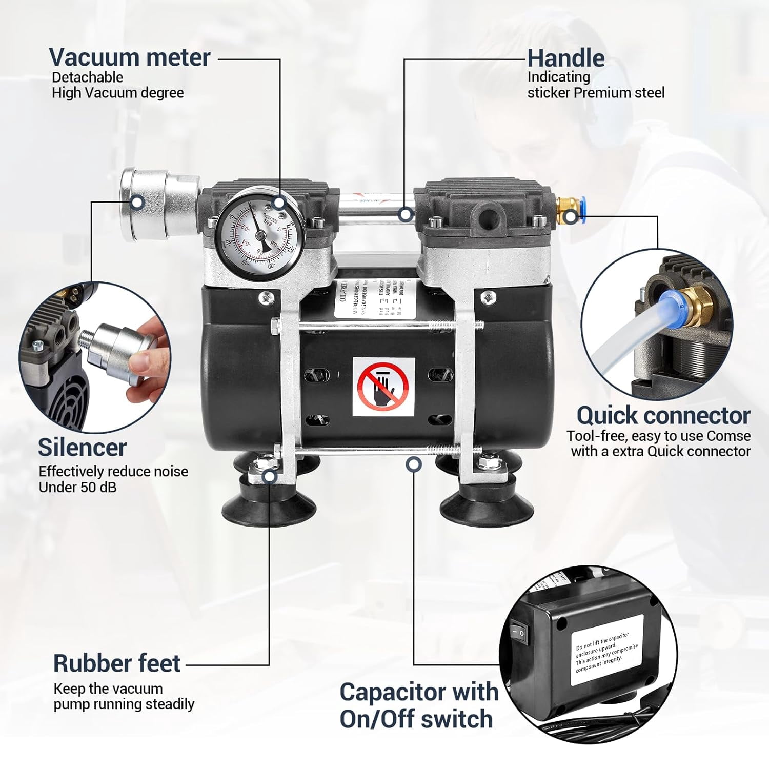 FOUR E's Scientific Vacuum Pump 50L/Min, Oilless Lab Pump with Upgraded Capacitor, Vacuum Meter, Aluminum Silencer, for Laboratory Electronics Industry
