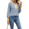 thumbnail image 3 of Sudadera de Rayas de Gran Tamaño para Mujer, Camisa de Larga de Algodón, Corte Holgado, Estilo Henley Azul y XXL, 3 of 10
