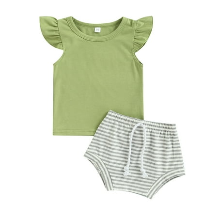 

Biayxms 2 Pcs Newborn Casual Outfits Baby Girls Sun Print/ Solid Color Fly Sleeve Round Neck T-shirt + Shorts