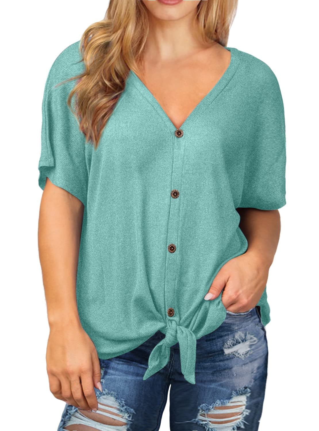 Cueply Womens Plus Size Tops Short Sleeve V Neck Waffle Knit Tunic ...