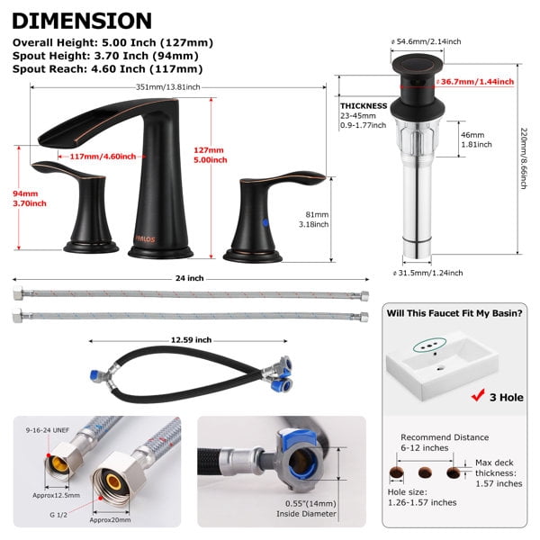 PARLOS Widespread 2-handle Waterfall Bathroom Faucet with Drain Assembly