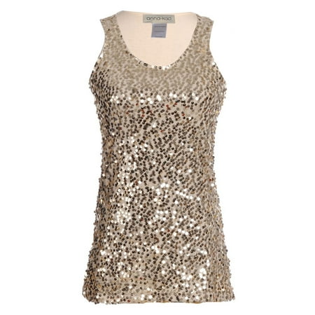 - Anna-Kaci Womens Gold Beaded Sequins Slim Fit Sparkly Embellished Vest Tank Top, Small