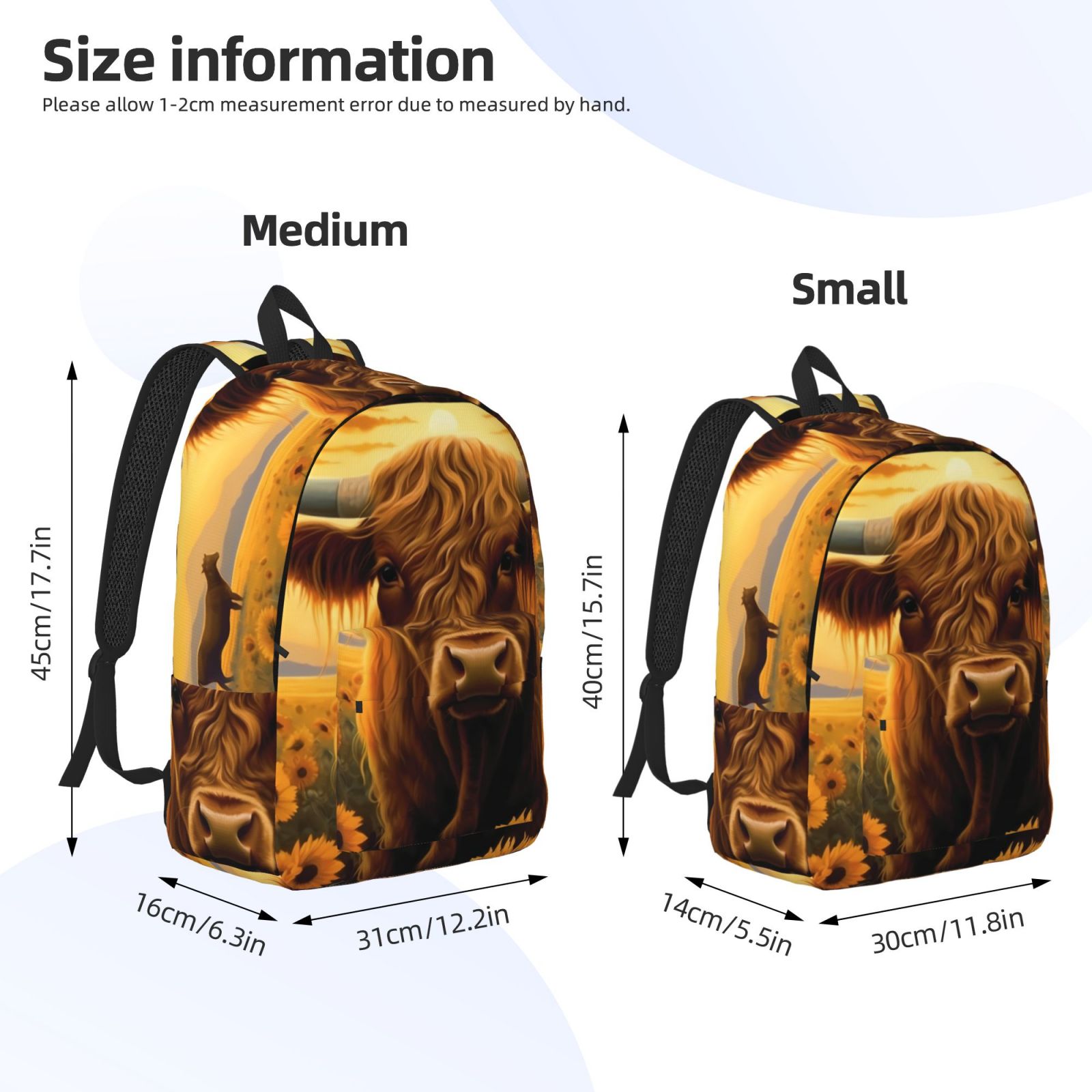 Vsdgher Sunset Sunflower Cow A Print Canvas Backpack Travel Rucksack Unisex Knapsack 15.7/17.7Inch Laptop Backpack for Work,College -Medium
