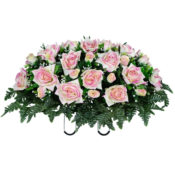 Sympathy Silks Artificial Cemetery Flowers - Cream Pink Open Roses and Rose Buds - Outdoor Saddle for Headstone