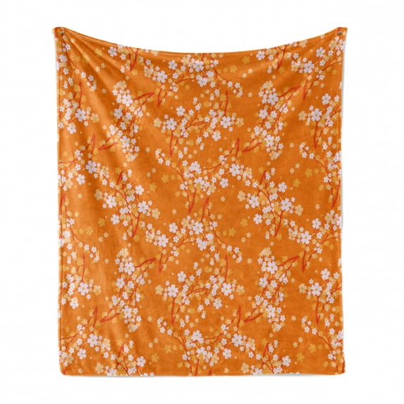 Floral Soft Flannel Fleece Throw Blanket, Vivid Blooming Tree Branches Spring Flower Petals Happy Essence Beauty Pattern, Cozy Plush for Indoor and Outdoor Use, 70" x 90", Orange Lilac, by Ambesonne