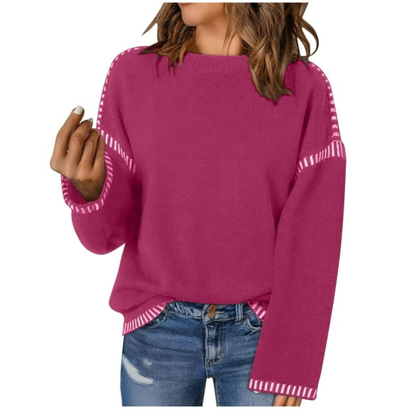 Women's Sweaters Dropped Shoulder Knit Tops Round Neck Knitwear Stitch-Pattern Outfits Long Sleeve Knitting Shirts Casual Cozy Pullover Design Sweater Fall Fashion Tops