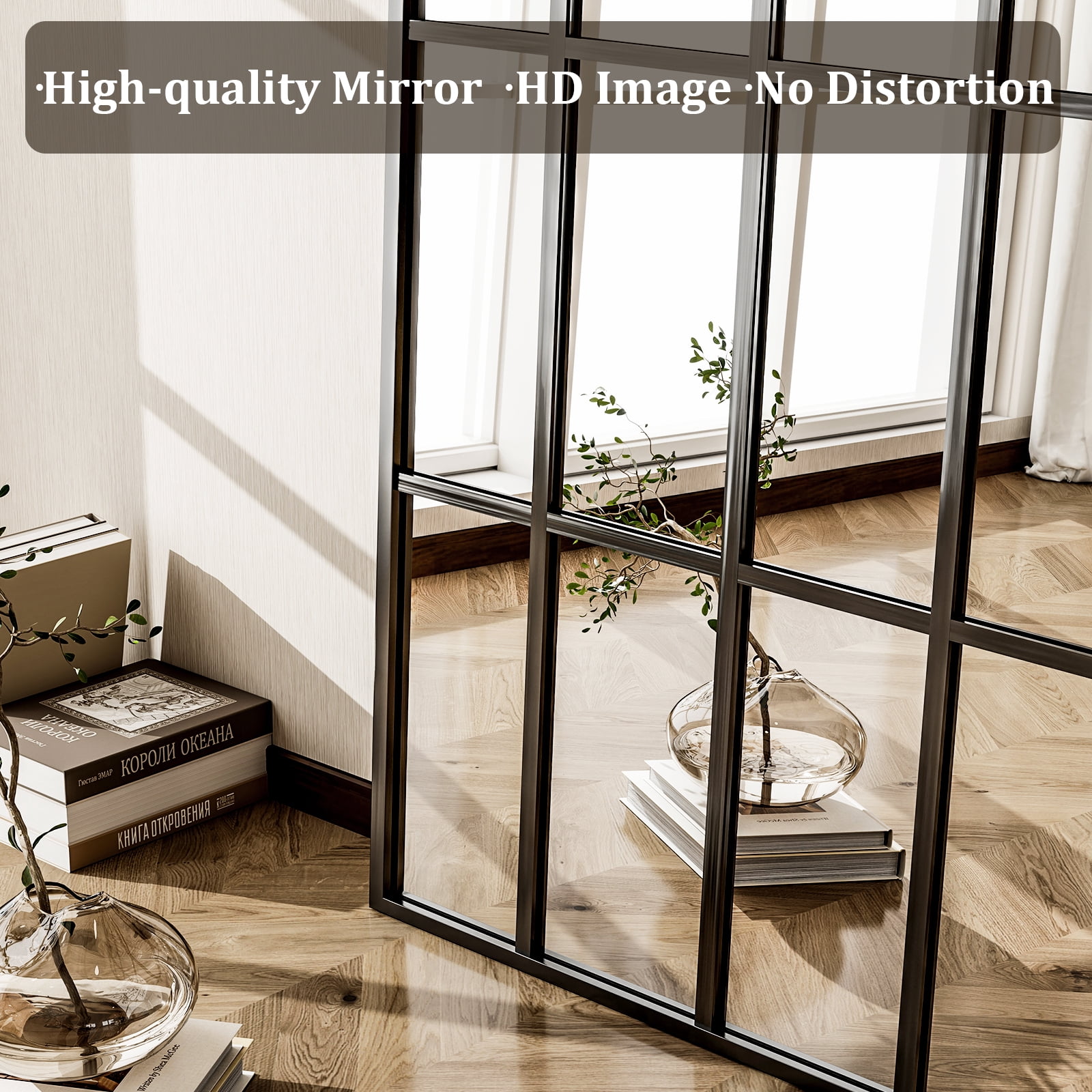 Anyrose 65"x 24" Floor Full Length Mirror, Large Arch Window Pane Mirror, Wall Mounted Mirror, Black