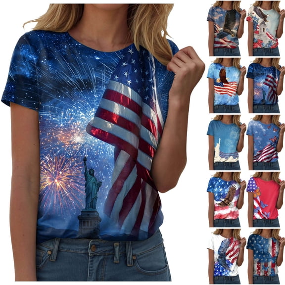 felwors Women's Casual Patriotic Graphic T-Shirt – USA Flag, Eagle, Statue of Liberty & Fireworks Print, Short Sleeve Crew Neck Tee for 4th of July Events (Blue, L)