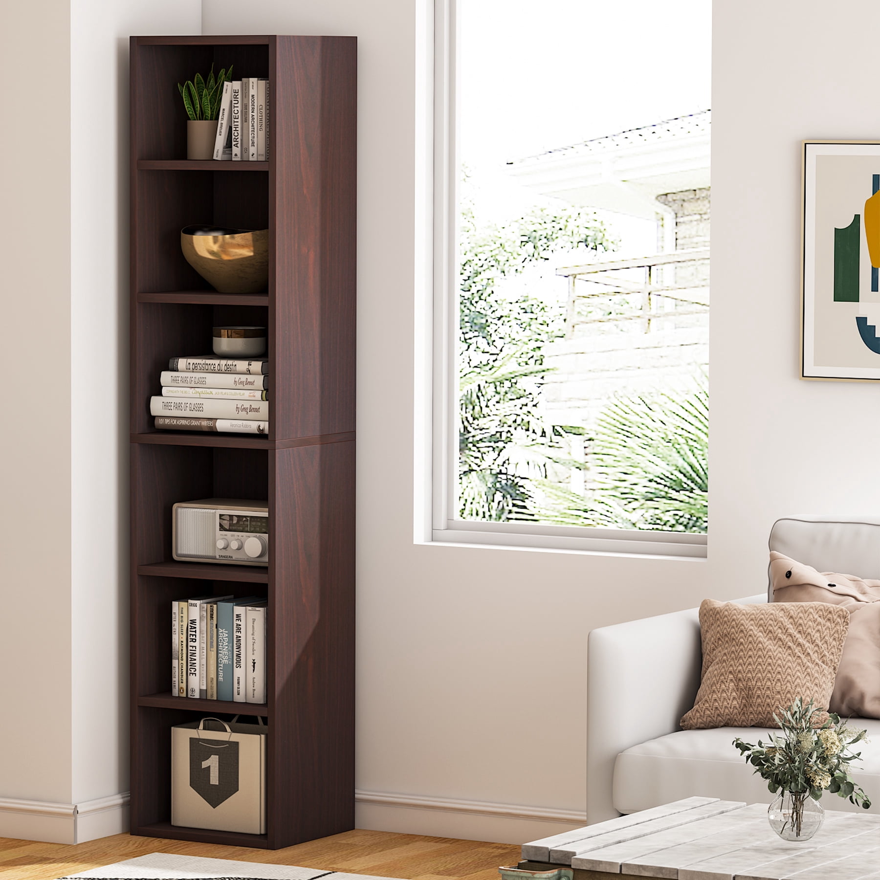 Tribesigns Corner Bookshelf Living Room 6-Tier Bookcase Wood Composite Walnut, 37.47 lb