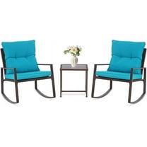 SUNCROWN 3 Piece Outdoor Rocking Bistro Set Black Wicker Furniture Porch Chairs Conversation Sets with Glass Coffee Table, Light Blue