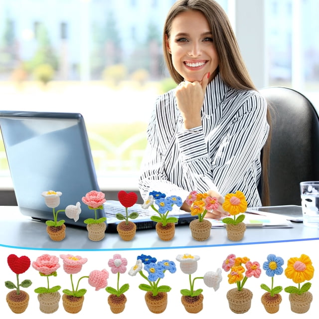Xihbxyly Maceta Tejida a Mano, Mini Rosa de Ganchillo Decorativa, Planta de Colores Vibrantes, Decoración para Oficina y Hogar, Sin Mantenimiento, No Se Decolora, Tamaño Pequeño, Perfecta para Autos,
