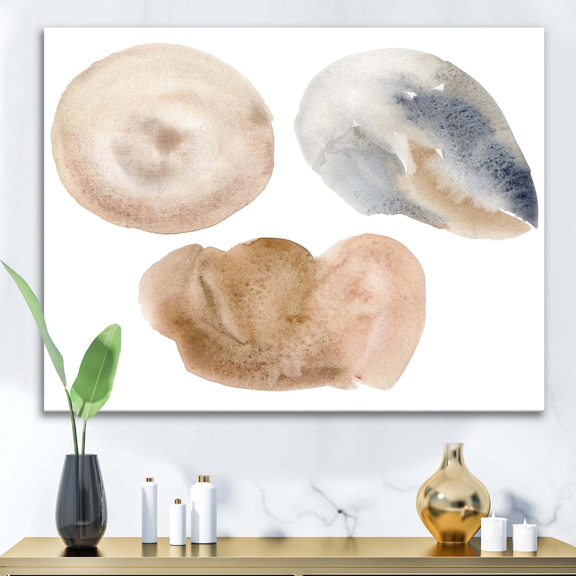 Designart ' Holiday Set With Abstract Beige and Blue Circle Spot ' Modern Canvas Wall Art Print