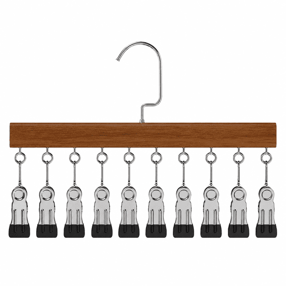 Wooden Pants Hangers with Clips,1 Pc Multi-purpose Hook Closet Organizer,Space-Saving Hanger for Skirts Scarves Hats Socks, Non-Slip Heavy Duty Wooden Hanger for Wardrobe(Brown 10 clips)