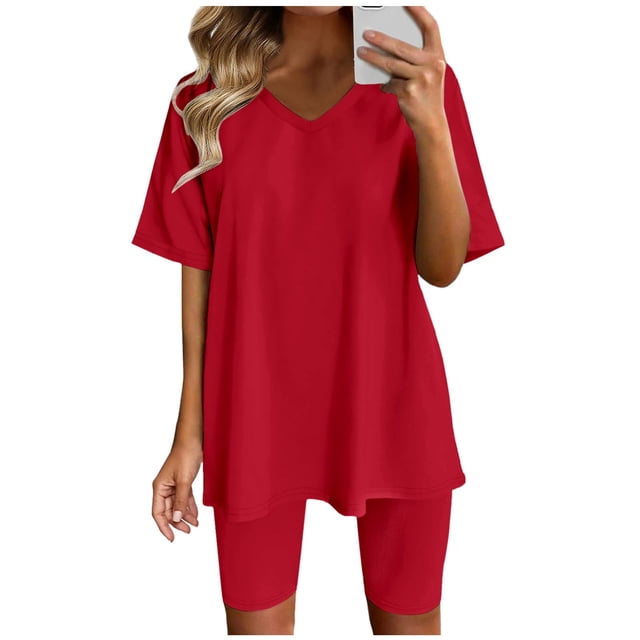 Fgnfyis Ensembles Deux Pièces pour Femmes Hauts à Manches Courtes Pantalons Courts Ensembles de Sport Yoga Course Ensembles Élégants pour Femmes Rouge P
