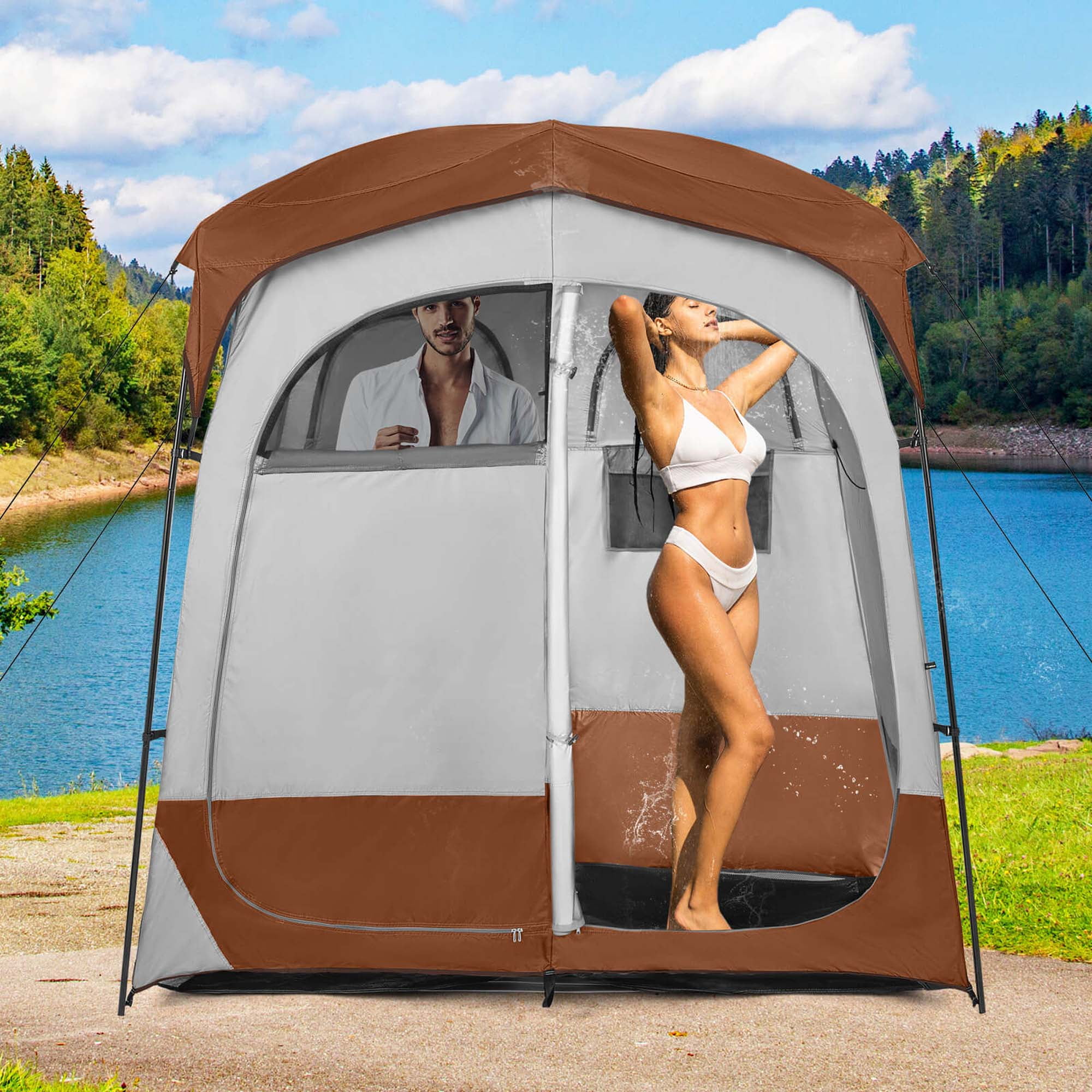 Goplus 2 Room Shower Tent Oversize Privacy Shelter Portable Dressing Toilet Outdoor Brown