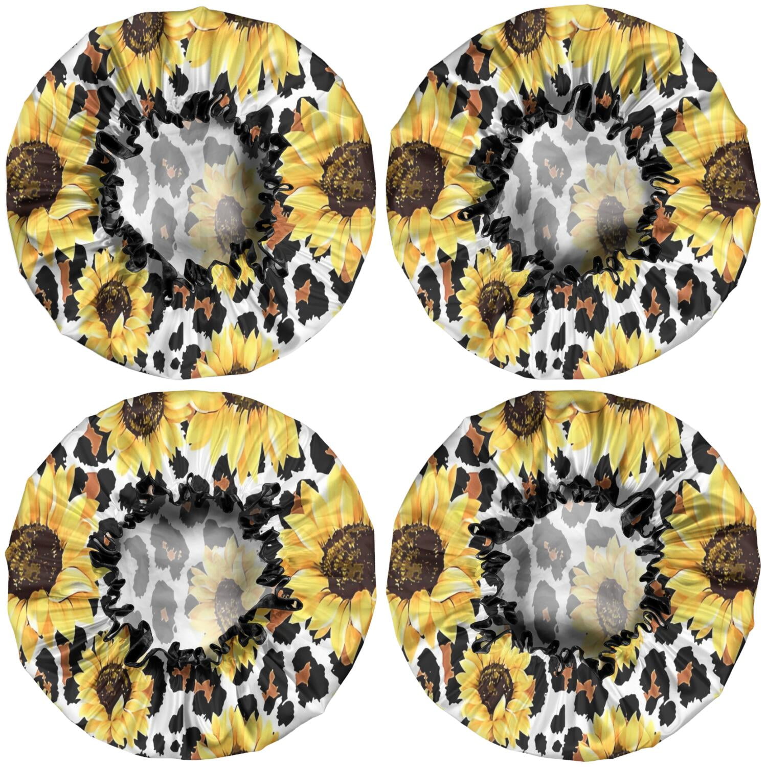 Shower Caps,Leopard Sunflower Pattern Waterproof Shower Cap for Women 4 Pieces,Double Reusable Hair Cover for Shower PEVA Elastic Stretch Hem