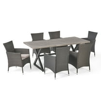 Damian Outdoor 7 Piece Aluminum Dining Set with Wicker Dining Chairs with Cushions,Silver,Grey