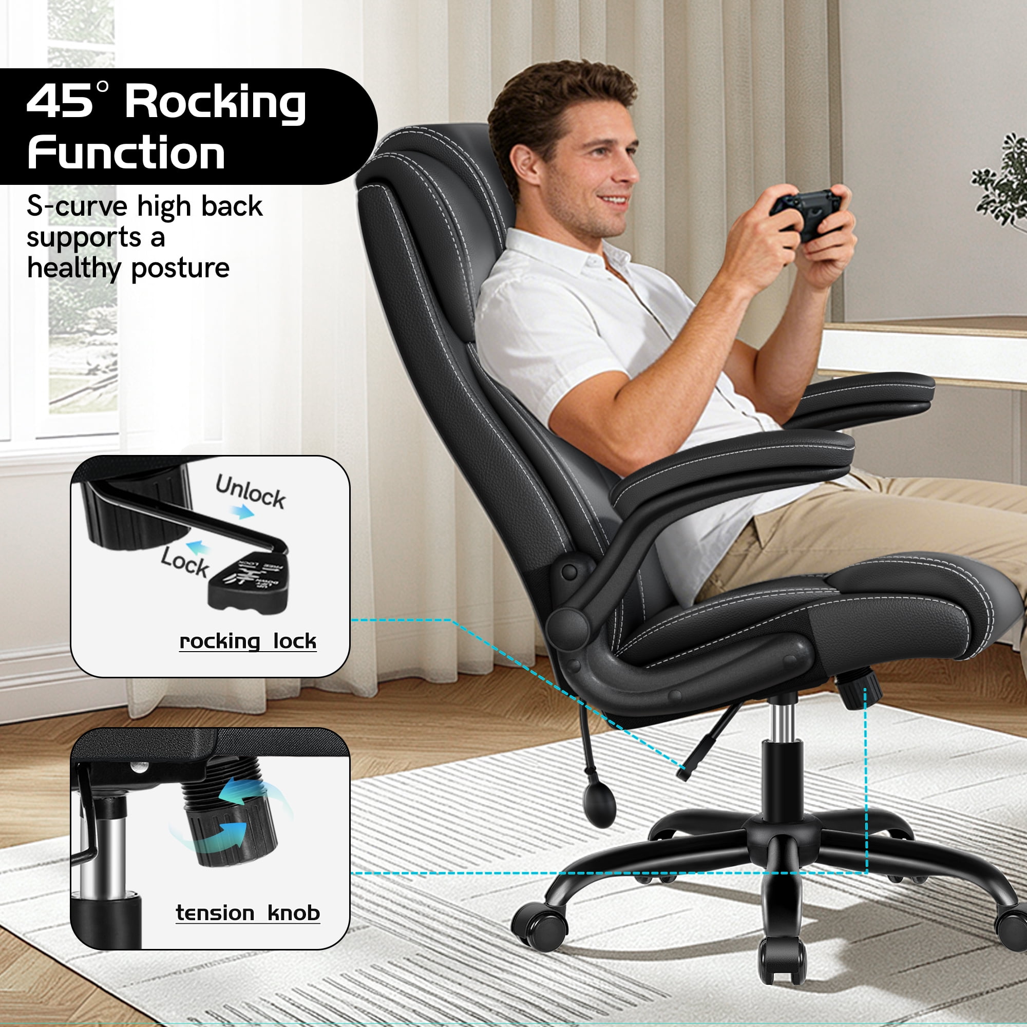 COOLHUT Big and Tall Office Chair 350LBS, Comfy Heavy Duty Executive Desk Chair with Adjustable Lumbar Support, Higth Back Computer Home Office Chair with Padded Flip -up Arms, Black
