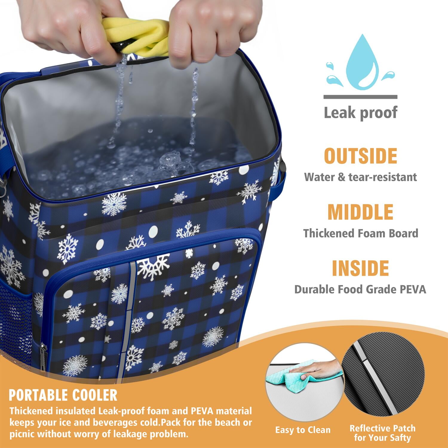 Travel Cooler Bag - Blue Christmas Snowflake Pattern Camping Beer Cooler Backpack with Bottle Opener- Waterproof Insulated Picnic Backpacks - Cooler Bag for Beach