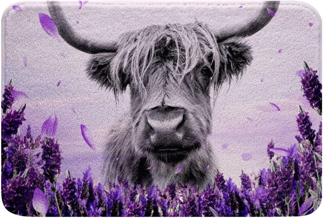 Highland Cow Bathroom Rugs,Lavender Flower Bath Mat,Bull Cattle Carpet