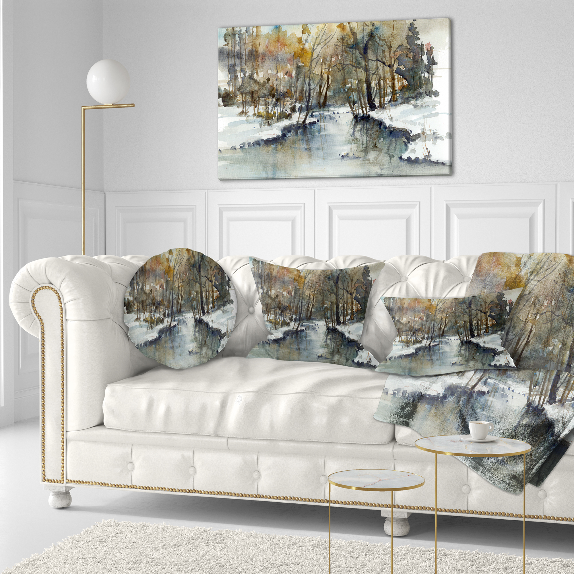 Designart River in Woods Watercolor - Landscape Painting Throw Pillow - 12x20
