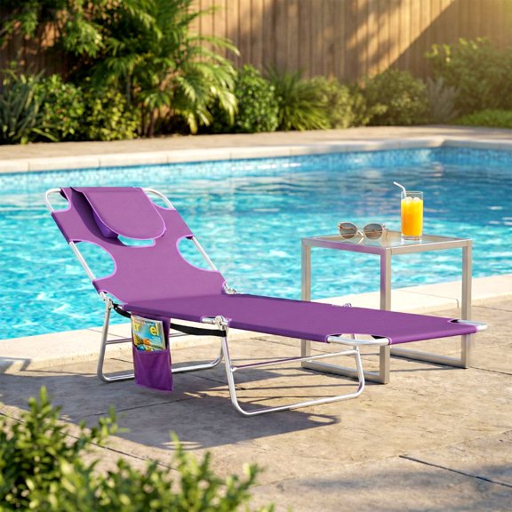 Outsunny Folding Beach Lounge Chair with Face Hole and Arm Slots, 5-level Adjustable Sun Lounger Tanning Chair with Pillow, Purple