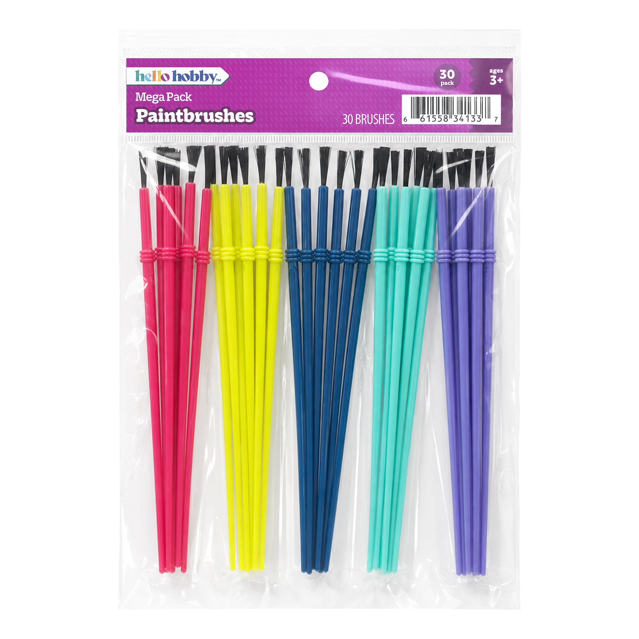 Hello Hobby Round Synthetic Bristle Art Brushes with Colorful Handles, 30 Pack